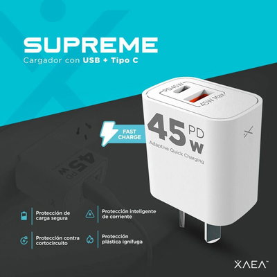 ADAPTADOR-CARGADOR 220V MODX-004 SUPREME – 5A – 1USB + TIPO C – XAEA
