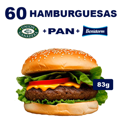 60 Hamburguesas UNION GANADERA 83g + Pan + Ade