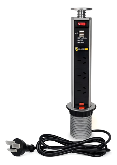 Estación de carga Tomacorriente telescópico 10A 3 Tomas + 2USb con protector