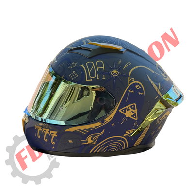 Casco Integral Shaft Fortune Azul Y Dorado Con Visor Espejado Y Alerón