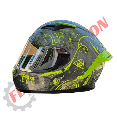 Casco Integral Shaft Fortune Gris Y Verde Fluor Con Visor Espejado Y Alerón
