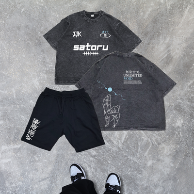 COMBO Remera Boxy Fit Wash Satoru Gojo y Short Rustico