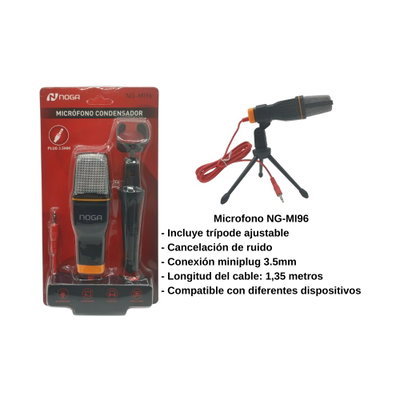 Micrófono Condensador Noga NG-MI96 con Trípode 3.5mm
