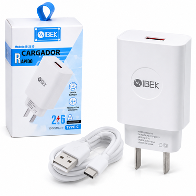 Cargador 2.6A Tipo C a USB de Carga Rápida (incluye cable)