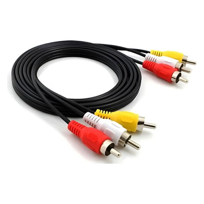 Cable RCA macho a macho de 3 fichas para conexión de audio y video analógico.