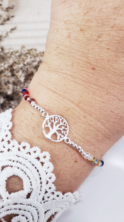 Pulsera de Plata, Hilo, Cristalitos y Arbol de la vida (PULCT1108/1125)