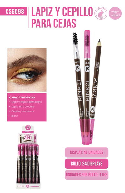 PINK 21 Lápiz y Cepillo de Cejas 2 en 1
