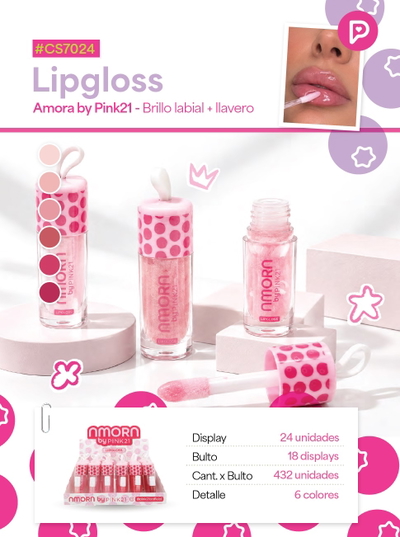 PINK 21 Lip Gloss Amora + Llavero