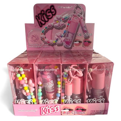 Set Lip Gloss Kiss  – Gloss + Mini Gloss + Pulsera • Glitter • Diseño Kawaii
