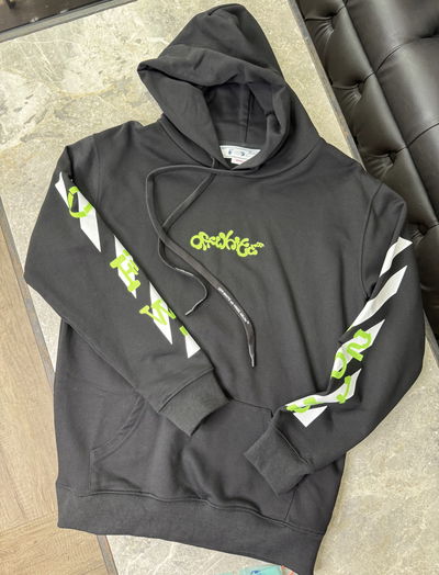 OFF W HOOD SWEATERSHIRT WITH A GREEN AND WHITE PRINT