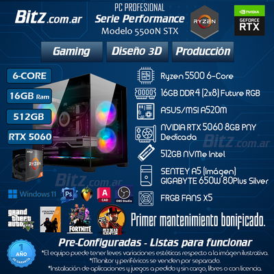 6 Core - 16GB - 512GB - RTX 5060 - RGB+PANORÁMICO / PERFORMANCE 5500N STX