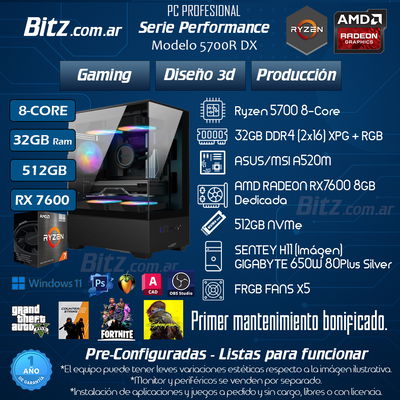 8 Core - 32GB - 512GB - RX7600 + RGB+PANORÁMICO / PERFORMANCE 5700R DX
