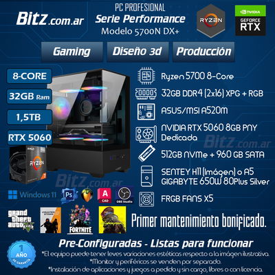 8 Core - 32GB - 512+960GB - RTX 5060 - RGB+PANORÁMICO / PERFORMANCE 5700N DX+