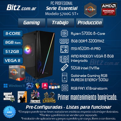 8 Core - 8GB - 512GB - VEGA 8 - RGB+GABINETE GAMER / ESSENTIAL 5700G ST+