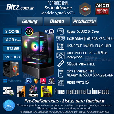  8 Core - 16GB - 512GB - VEGA 8 - AURASYNC RGB+PANORÁMICO / ADVANCE 5700G AST+
