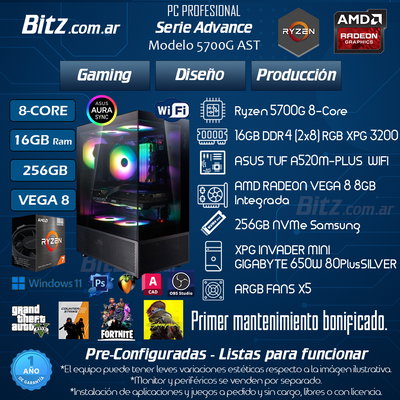 8 Core - 16GB - 256GB - VEGA 8 - AURASYNC RGB+PANORÁMICO / ADVANCE 5700G AST