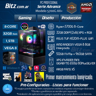 8 Core - 32GB - 512+960GB - VEGA 8 - AURASYNC RGB+PANORÁMICO / ADVANCE 5700G AX+