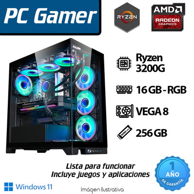 PC RYZEN 3200G 4 Core - 16GB - 256GB - VEGA 8 - RGB+GABINETE GAMER