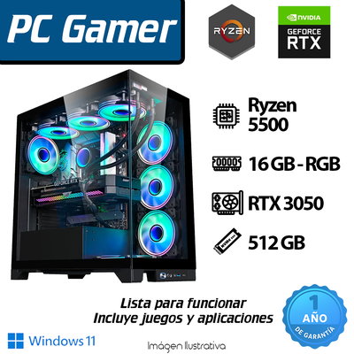 PC RYZEN 5500 6 CORE - 16GB - 512GB - RTX 3050 - RGB+GABINETE GAMER