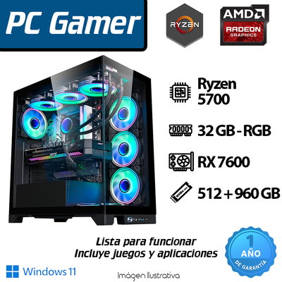 PC RYZEN 5700 8 Core - 32GB - 512+960 GB - RX 7600 - RGB+GABINETE GAMER