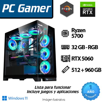 PC RYZEN 5700 8 Core - 32GB - 512+960GB - RTX 5060 - RGB+PANORÁMICO