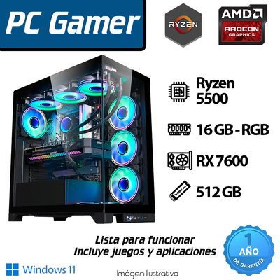 PC RYZEN 5500 6 CORE - 16GB - 512GB - RX 7600 - RGB+GABINETE GAMER