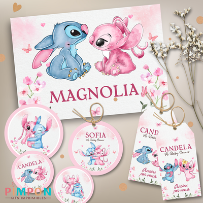 kit imprimible personalizado - STITCH Y ANGELA ACUARELA