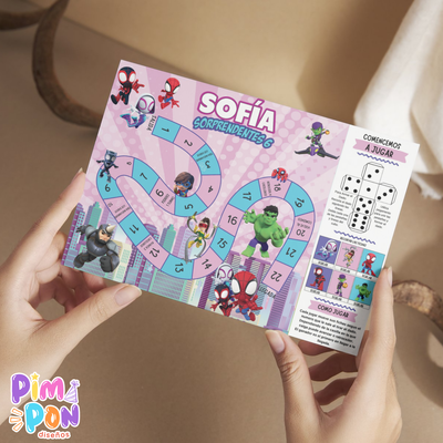 Juego imprimible - souvenir - juego de la oca  spidey y sus sorprendentes amigos rosa