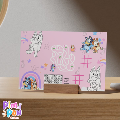 Juego imprimible - souvenir -mantel de actividades bluey rosa
