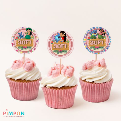 kit imprimible textos editables - LILO Y STITCH ROSA