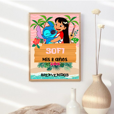 kit imprimible textos editables - LILO Y STITCH ROSA