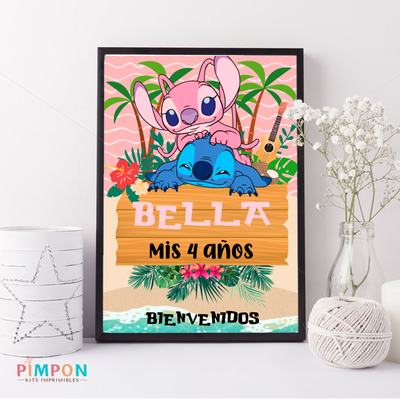 kit imprimible textos editables - STITCH Y ANGEL ROSA