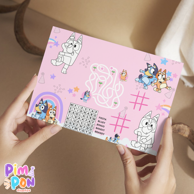 Juego imprimible - souvenir -mantel de actividades bluey rosa