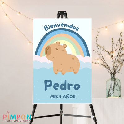 kit imprimible textos editables - CAPIBARA ARCOIRIS CELESTE