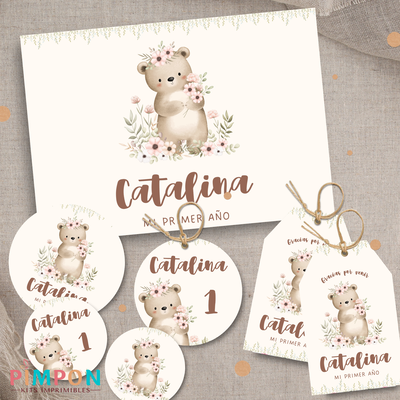 kit imprimible personalizado - ANIMALITOS - FLORAL OSO