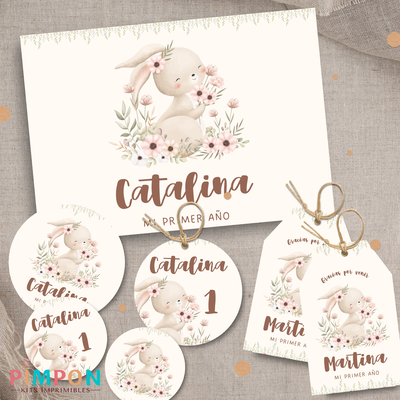 kit imprimible personalizado - ANIMALITOS - FLORAL CONEJO