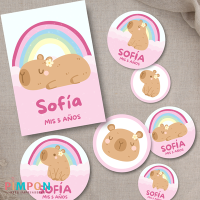 kit imprimible personalizado - CAPIBARA ARCOIRIS ROSA