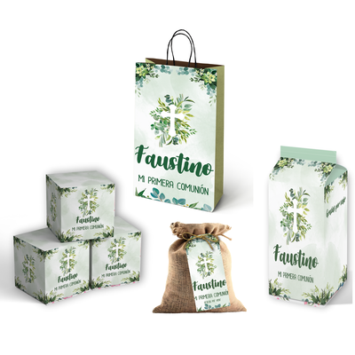 kit imprimible con textos editables - Comunión, Bautismo, confirmación - eucalipto 2