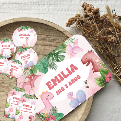 kit imprimible personalizado - DINOSAURIOS ACUARELA MOD. 2 ROSA