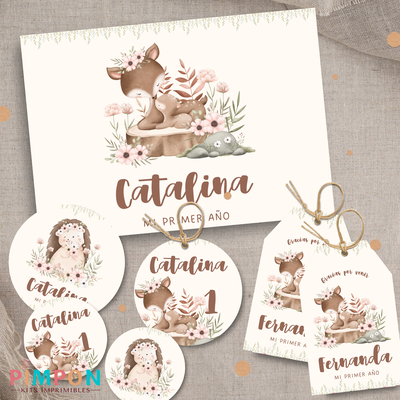 kit imprimible personalizado - ANIMALITOS - FLORAL CIERVO