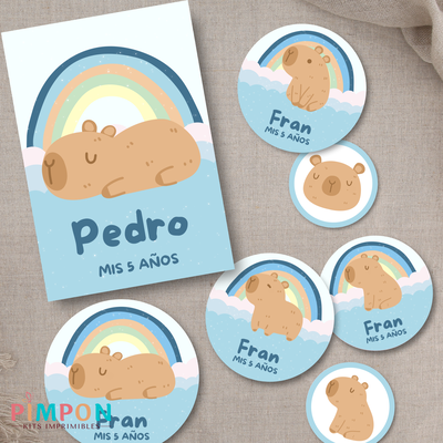 kit imprimible textos editables - CAPIBARA ARCOIRIS CELESTE