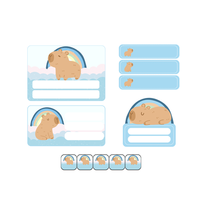 etiquetas escolares editables - capibara arcoiris celeste