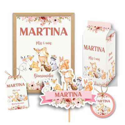 kit imprimible personalizado - animalitos del bosque encantado 2 rosa