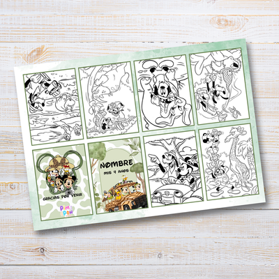 Juego imprimible editable - souvenir - mini libro para colorear mickey safari