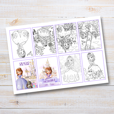 Juego imprimible editable - souvenir - mini libro para colorear princesa sofia