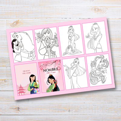 Juego imprimible editable - souvenir - mini libro para colorear mulan