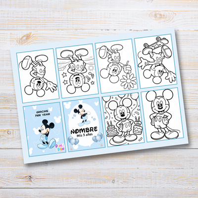 Juego imprimible editable - souvenir - mini libro para colorear mickey celeste