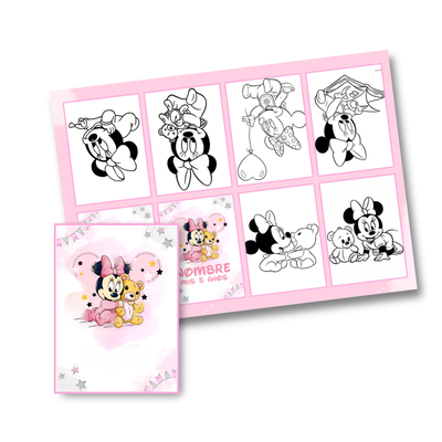 Juego imprimible editable - souvenir - mini libro para colorear minnie bebe