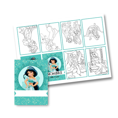 Juego imprimible editable - souvenir - mini libro para colorear princesa jazmin