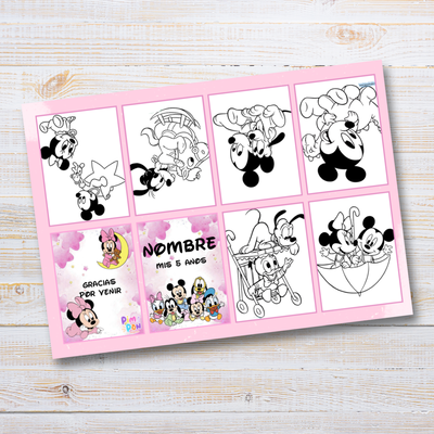 Juego imprimible editable - souvenir - mini libro para colorear mickey y amigos bebes rosa